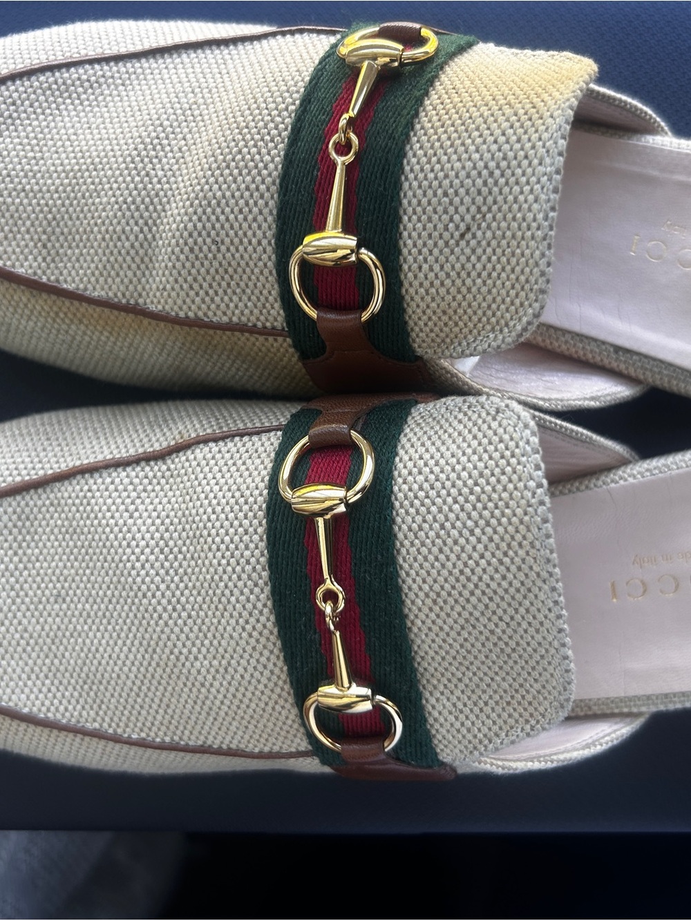 Gucci Beige Canvas Loafers with Green-Red Web and Gold Horsebit